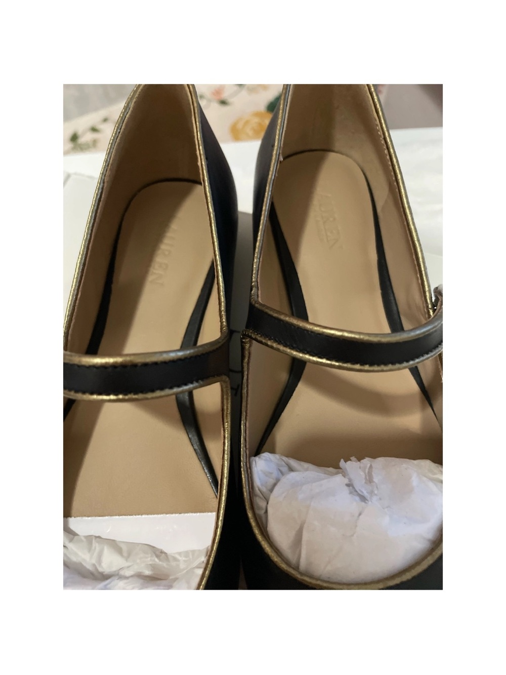 Ralph Lauren Black Pointed Mary Jane Flats with Gold Trim - Picture 2 of 5